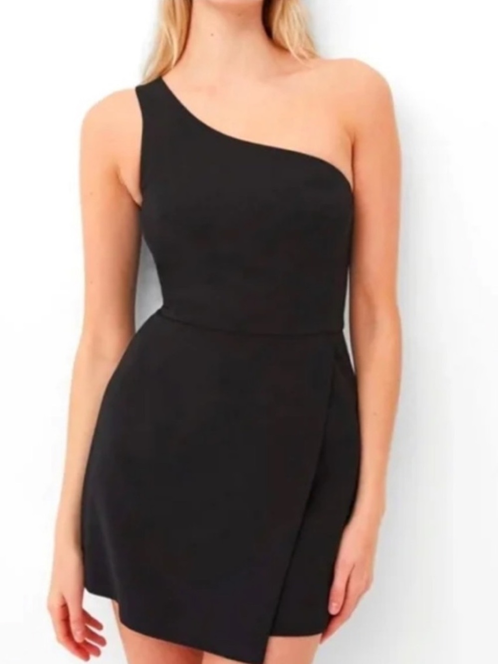 French Connection Black One-Shoulder Wrap Mini Dress